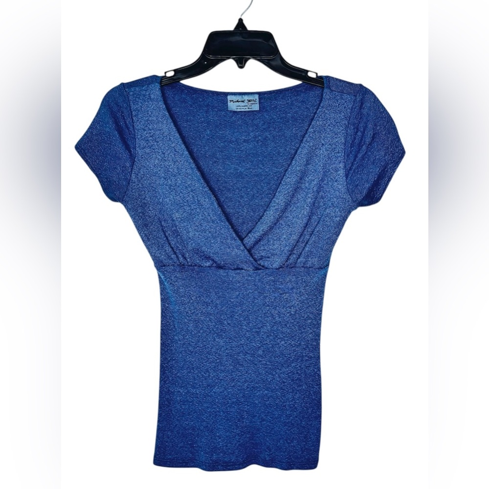 Michael Stars Surplice Shimmering Blue Short Sleeve Top One Size Fits Most